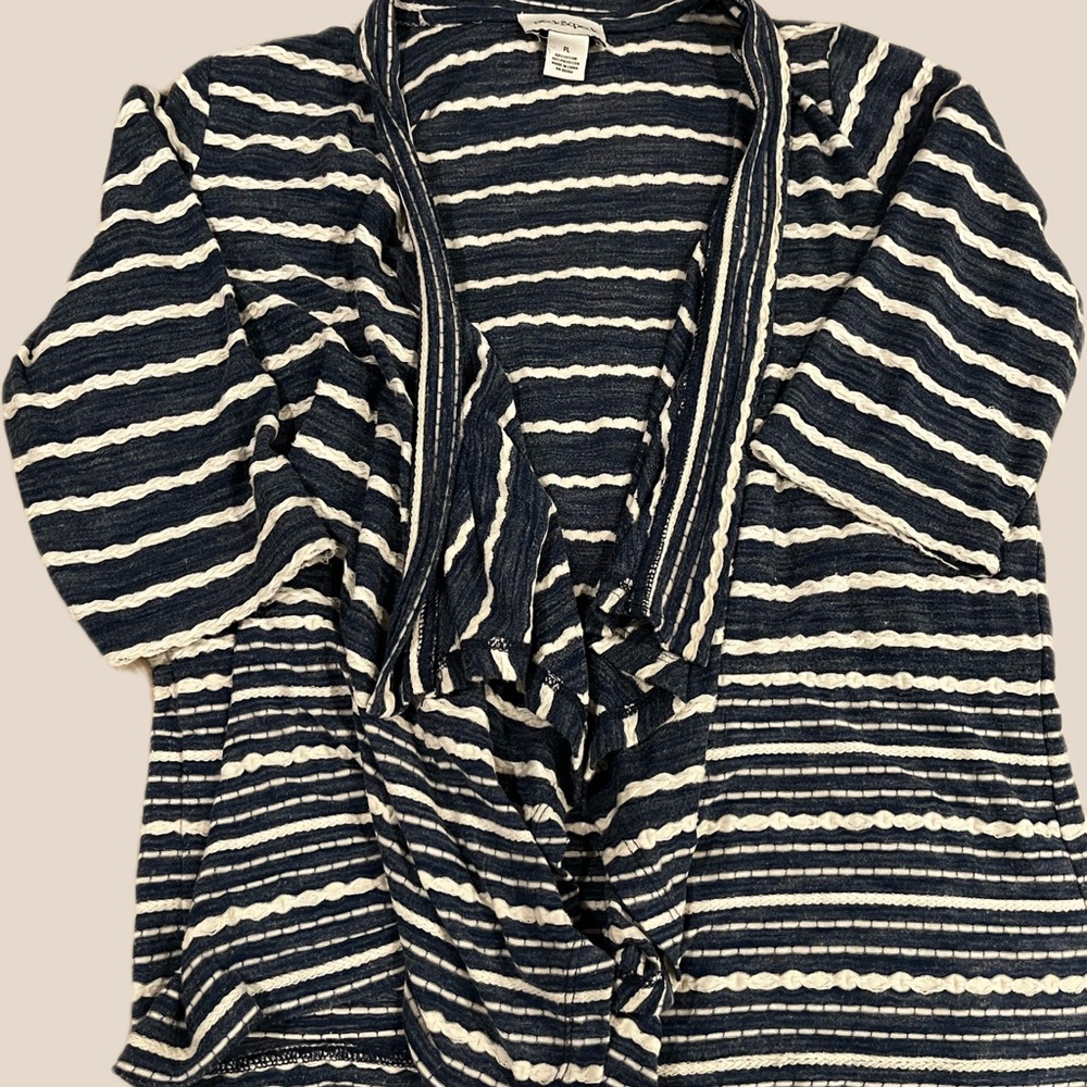 Peck & Peck Navy and White Striped Open-Front Draped or Waterfall Cardigan